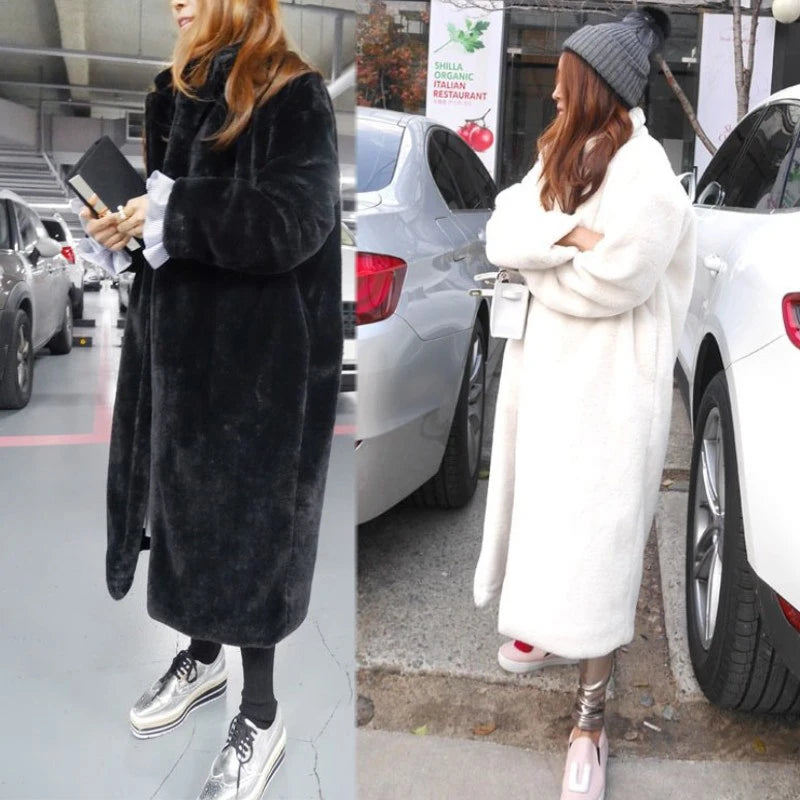 New 2023 Women Autumn Winter Casual Thickened Faux Fur Coat Furry Warm Fur Outerwear Loose Faux Rabbit Fur Long Jacket