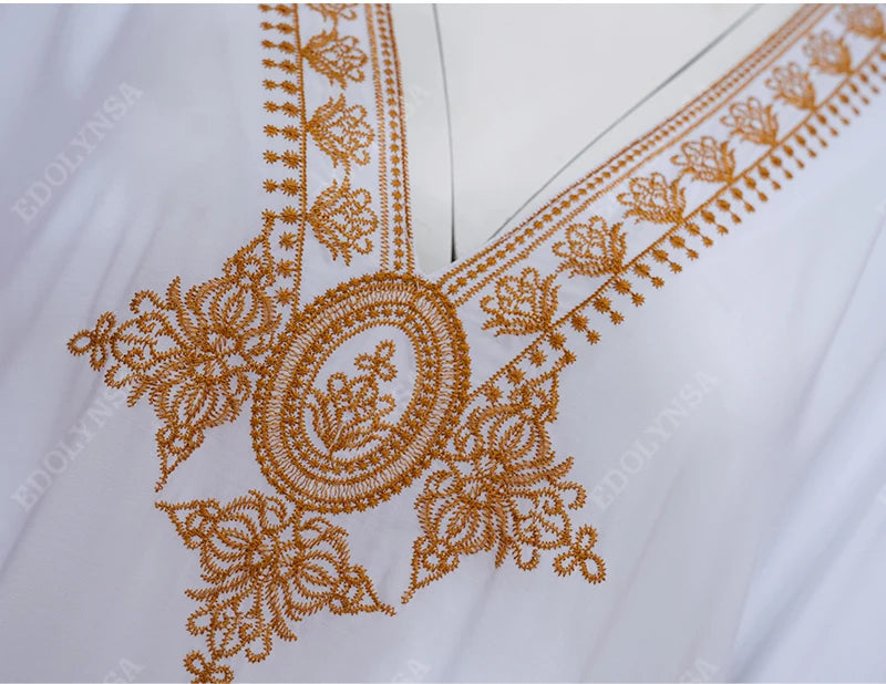 2023 Elegant Gold Embroidered Loose Kaftan House Robe Retro V-neck White Dress Women Summer Beach Wear Swim Maxi Dresses N1373