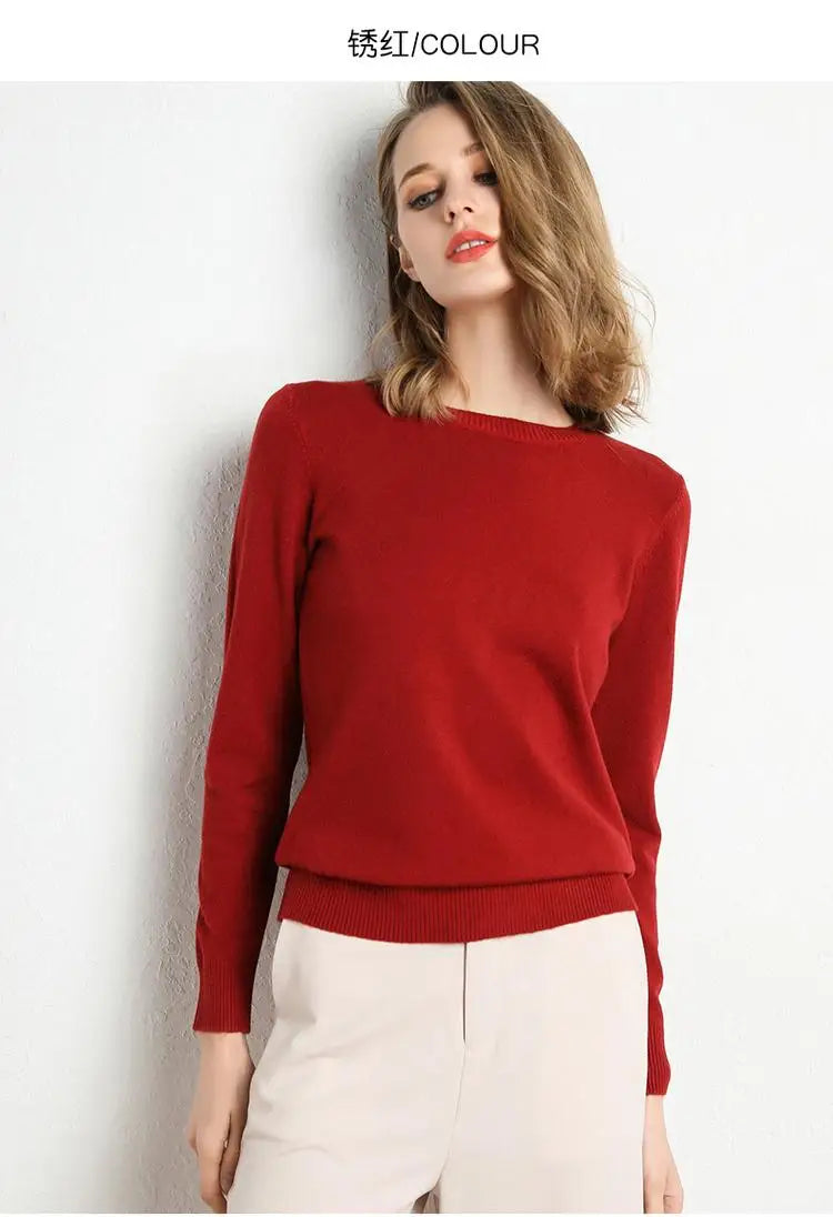 Women Merino Wool Sweater O-Neck Pullover Spring Autumn Long Sleeve Knitwear Slim Solid Color Fashion Bottoming Clothing Tops