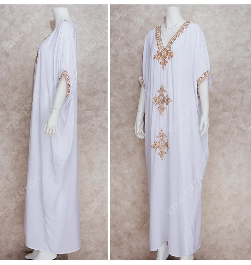 2023 Elegant Gold Embroidered Loose Kaftan House Robe Retro V-neck White Dress Women Summer Beach Wear Swim Maxi Dresses N1373