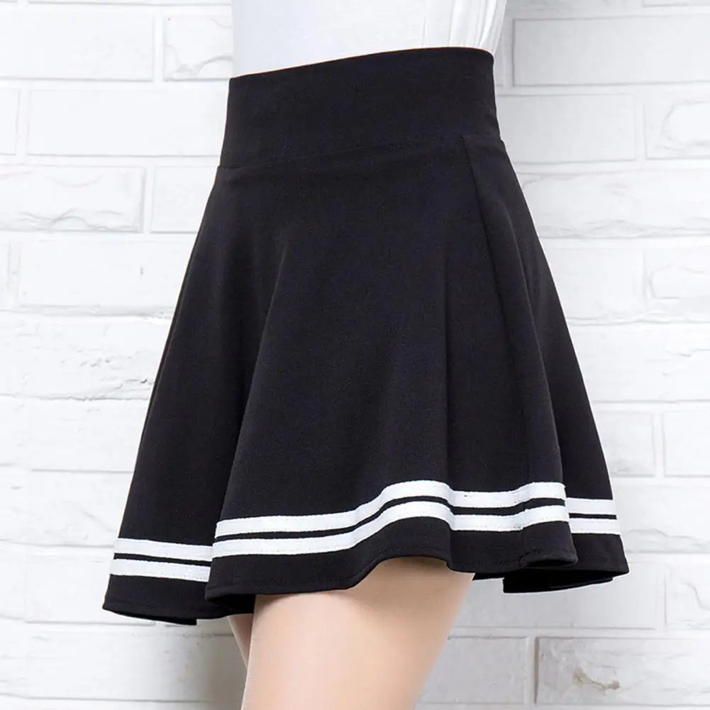 Women Skirt Solid Color High Waist Stripe Midi Pleated Skirts Girls Black White A Line Mini School Skirt Uniform Large Size