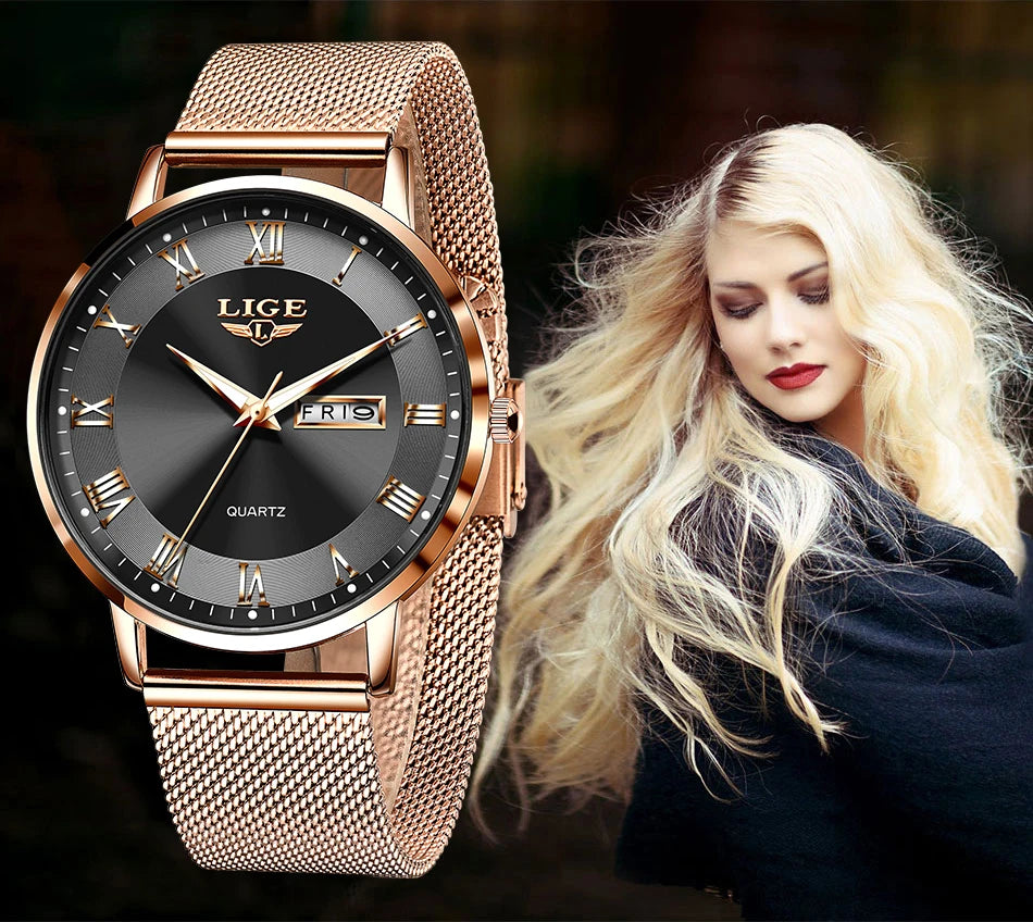 LIGE Fashion Elegant Quartz Women's Watch Bracelet Casual Business Clock Movement Simple Waterproof Mesh Belt Ladies Watches NEW