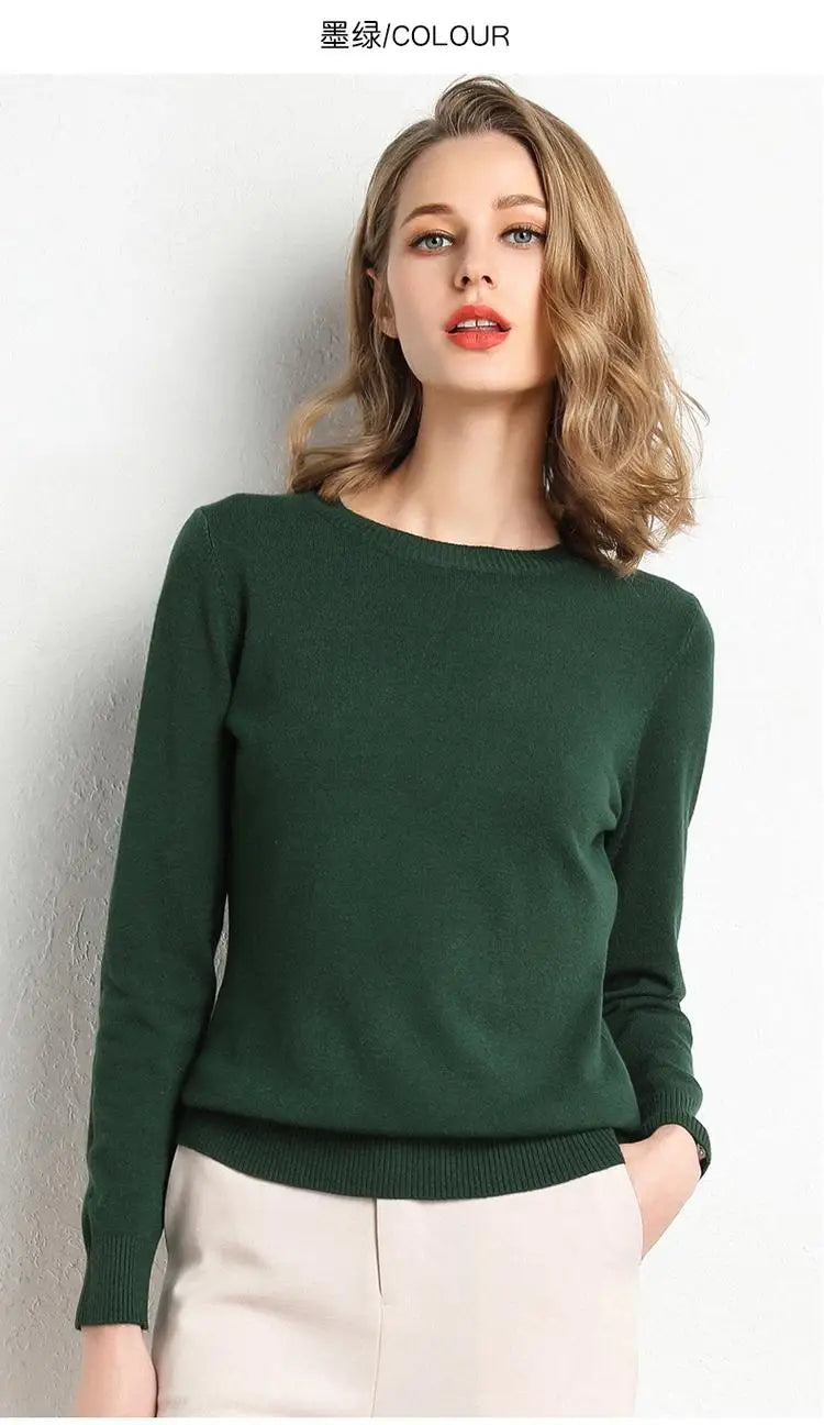 Women Merino Wool Sweater O-Neck Pullover Spring Autumn Long Sleeve Knitwear Slim Solid Color Fashion Bottoming Clothing Tops