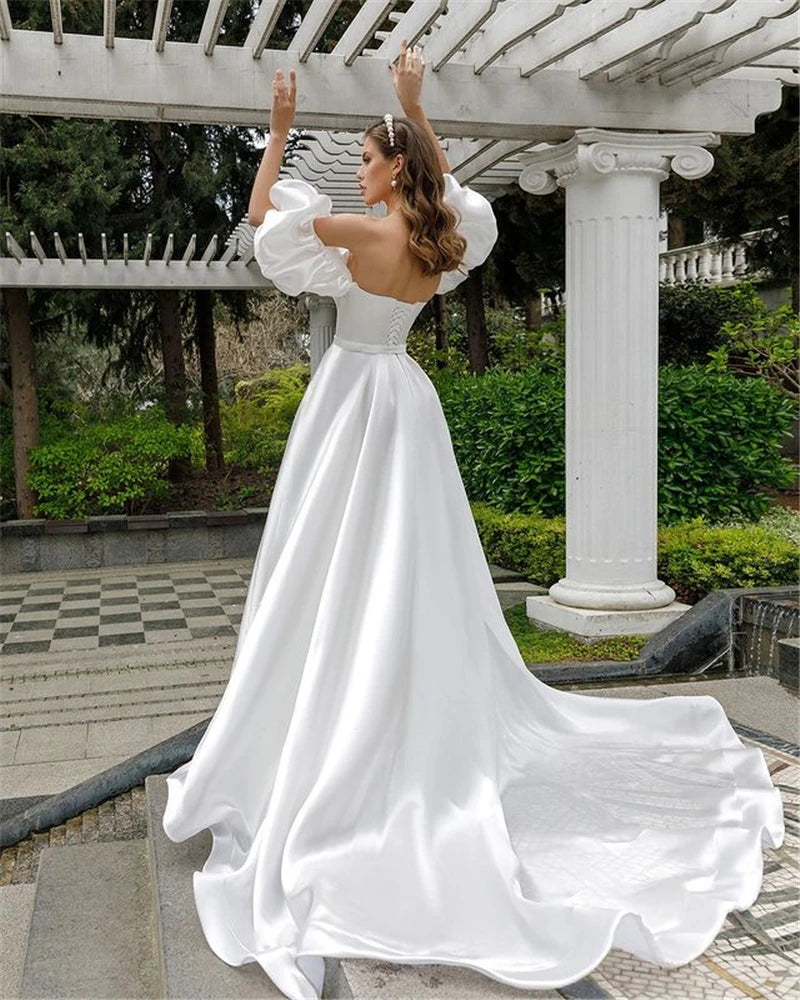 Removable Puff Sleeve Satin Wedding Dress High Slit Side A-line Simple Styles Bridal Dress with Court Train свадебное платье