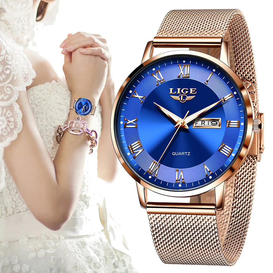 LIGE Fashion Elegant Quartz Women's Watch Bracelet Casual Business Clock Movement Simple Waterproof Mesh Belt Ladies Watches NEW