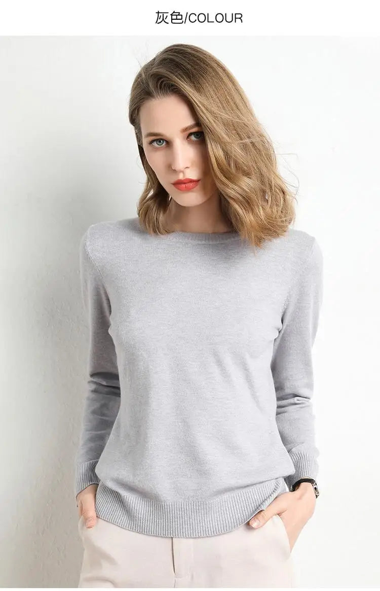 Women Merino Wool Sweater O-Neck Pullover Spring Autumn Long Sleeve Knitwear Slim Solid Color Fashion Bottoming Clothing Tops