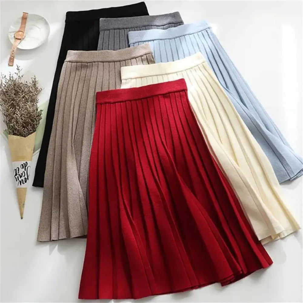 Women Knitted Midi Skirt Elegant Black A-Line High Waist Pleated Long Skirt Korean 2021 Spring Autumn Winter Faldas Femme Jupes