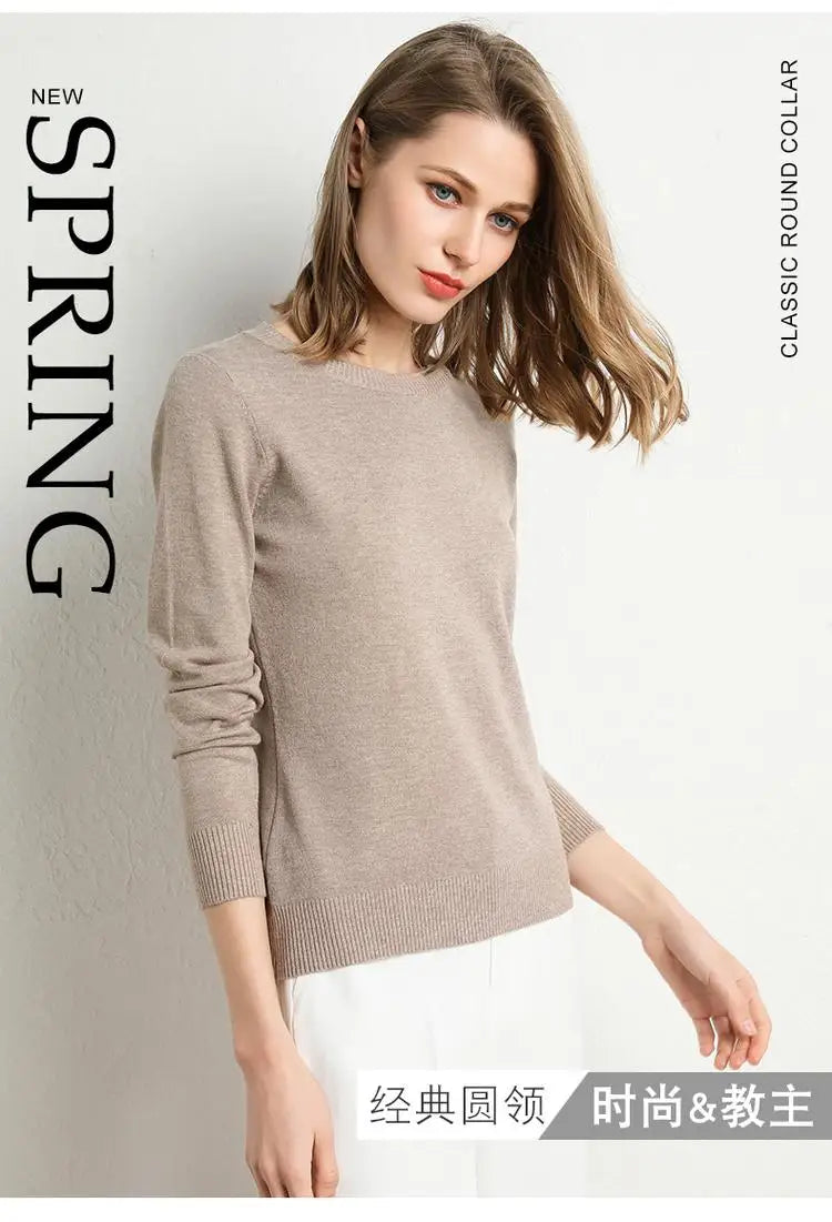 Women Merino Wool Sweater O-Neck Pullover Spring Autumn Long Sleeve Knitwear Slim Solid Color Fashion Bottoming Clothing Tops