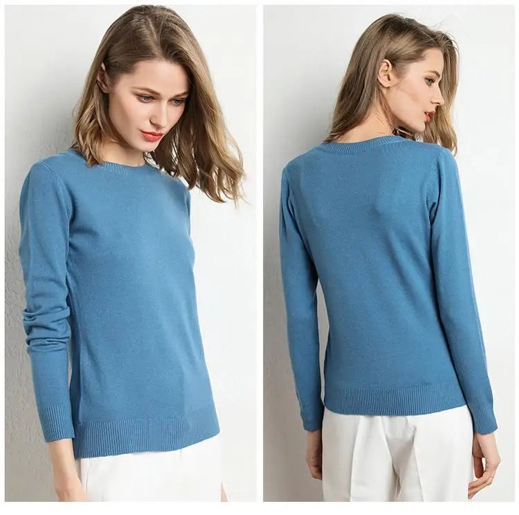 Women Merino Wool Sweater O-Neck Pullover Spring Autumn Long Sleeve Knitwear Slim Solid Color Fashion Bottoming Clothing Tops