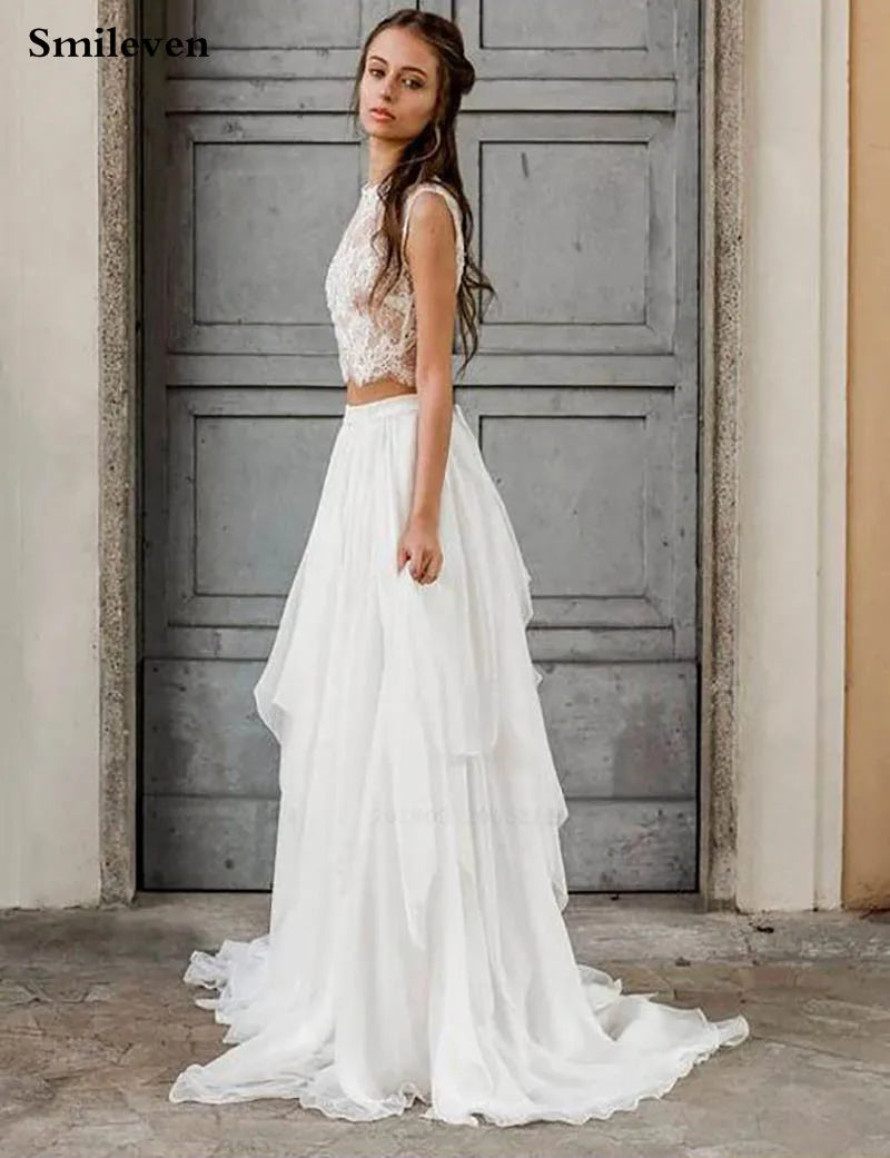 Smileven  Boho Wedding Dress 2 Pieces Sleeveless Sexy Lace Beach Bride Dresses Train Elegant Chiffon Wedding Bridal Gowns