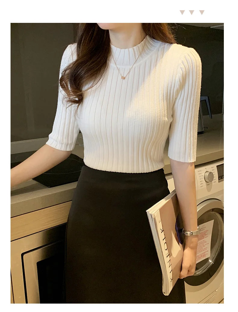 Casual Knitted Tee Shirt Elegant Short Sleeve Tops Fashion Basic Woman T-shirt Femme Elasticity Poleras De Mujer Camisetas 13466