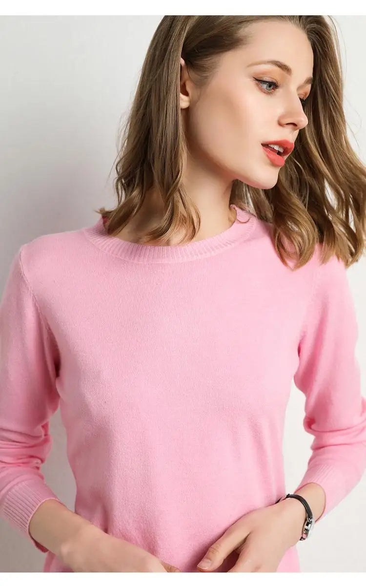 Women Merino Wool Sweater O-Neck Pullover Spring Autumn Long Sleeve Knitwear Slim Solid Color Fashion Bottoming Clothing Tops