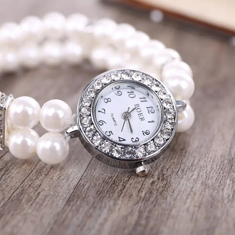 Women Watch Simulated Pearl Rhinestone Luxury Fashion Elegant Wrist Band Bracelet Jewelry Gifts Lady Elastic Universal Charms