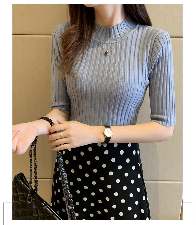 Casual Knitted Tee Shirt Elegant Short Sleeve Tops Fashion Basic Woman T-shirt Femme Elasticity Poleras De Mujer Camisetas 13466