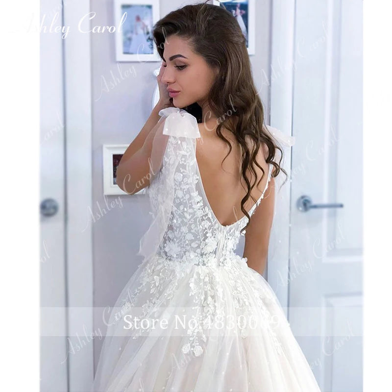 Ashley Carol Romantic Wedding Dress 2024 Boho Pearls Tulle Princess Backless V-Neck Appliques Bridal Dress Vestidos De Novia