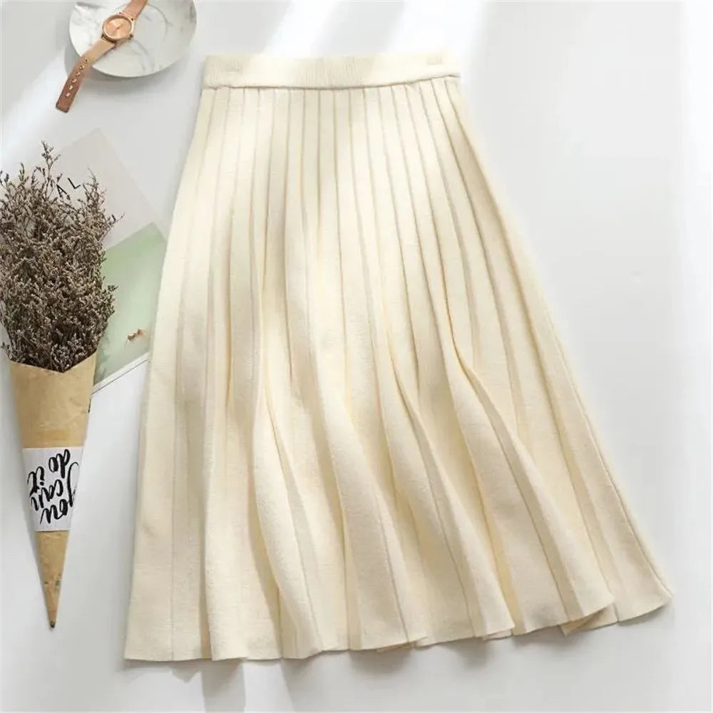 Women Knitted Midi Skirt Elegant Black A-Line High Waist Pleated Long Skirt Korean 2021 Spring Autumn Winter Faldas Femme Jupes