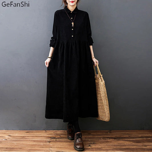 2024 New Autumn Winter Women Dress Vintage Solid Corduroy Casual Loose Fashion Long Sleeve Office Elegant Spring Dresses Girl