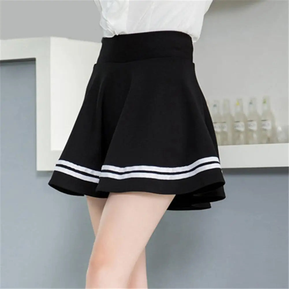 Women Skirt Solid Color High Waist Stripe Midi Pleated Skirts Girls Black White A Line Mini School Skirt Uniform Large Size