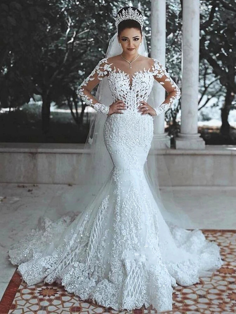 Sparkly Lace Wedding Dress Mermaid Illusion Bodice vestido de noiva Long Sleeve Sheer Neck Appliques Bridal Gowns 2020 Spring