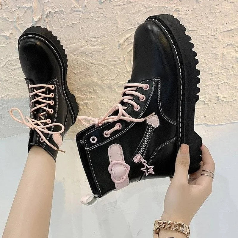 New College Style Martin Boots Women Autumn 2021 Girl Love Round Toe Lace-up Short Boots Y2k Aesthetic Goth Punk Platform Shoes