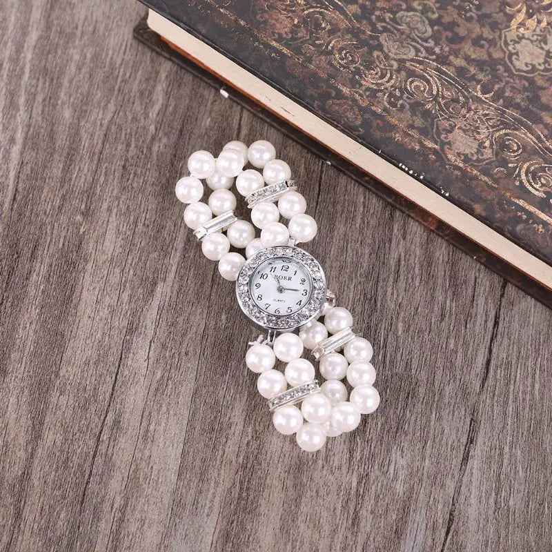 Women Watch Simulated Pearl Rhinestone Luxury Fashion Elegant Wrist Band Bracelet Jewelry Gifts Lady Elastic Universal Charms