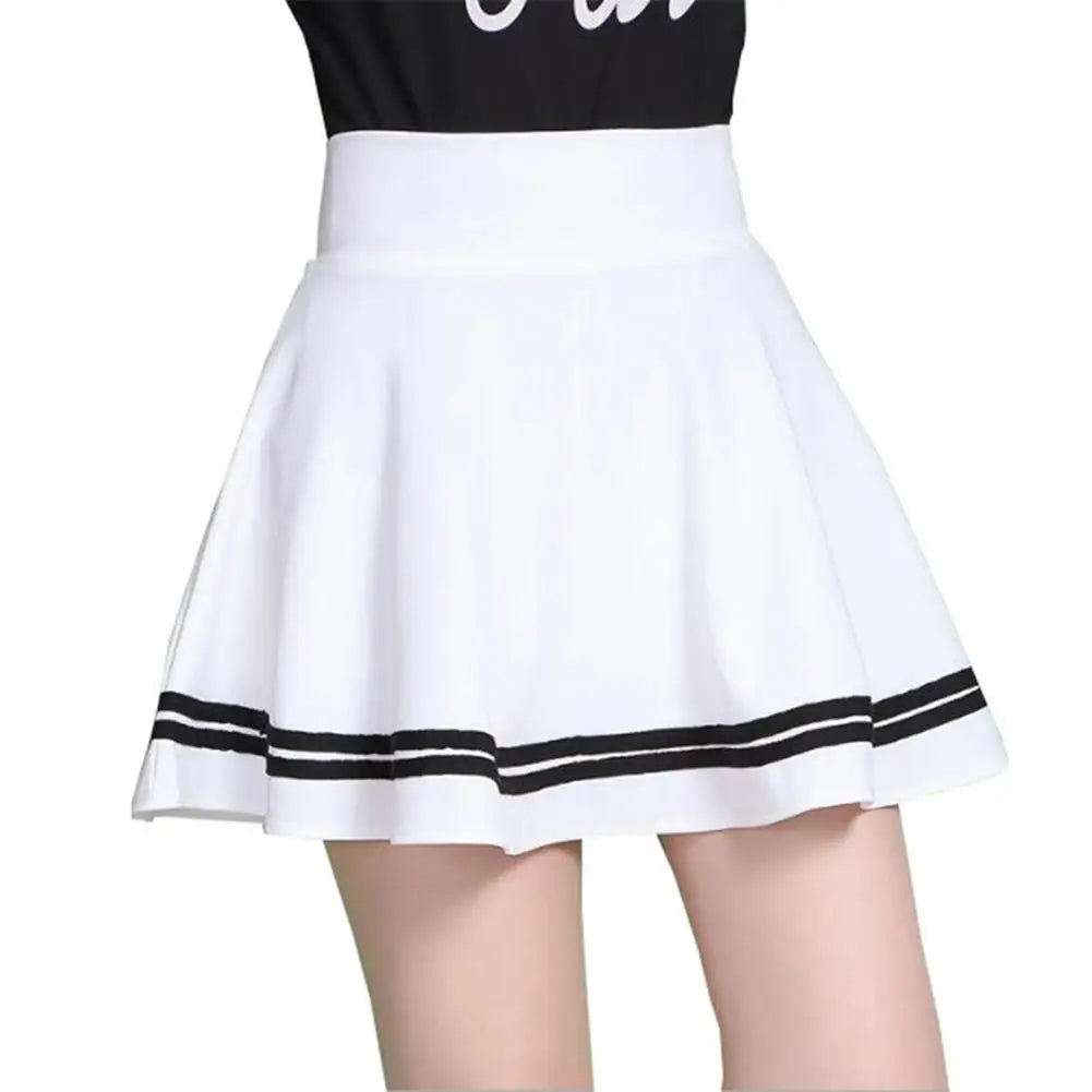 Women Skirt Solid Color High Waist Stripe Midi Pleated Skirts Girls Black White A Line Mini School Skirt Uniform Large Size