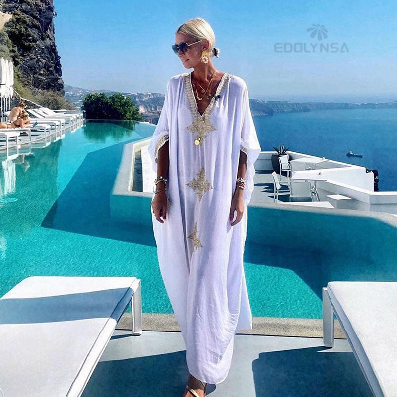 2023 Elegant Gold Embroidered Loose Kaftan House Robe Retro V-neck White Dress Women Summer Beach Wear Swim Maxi Dresses N1373