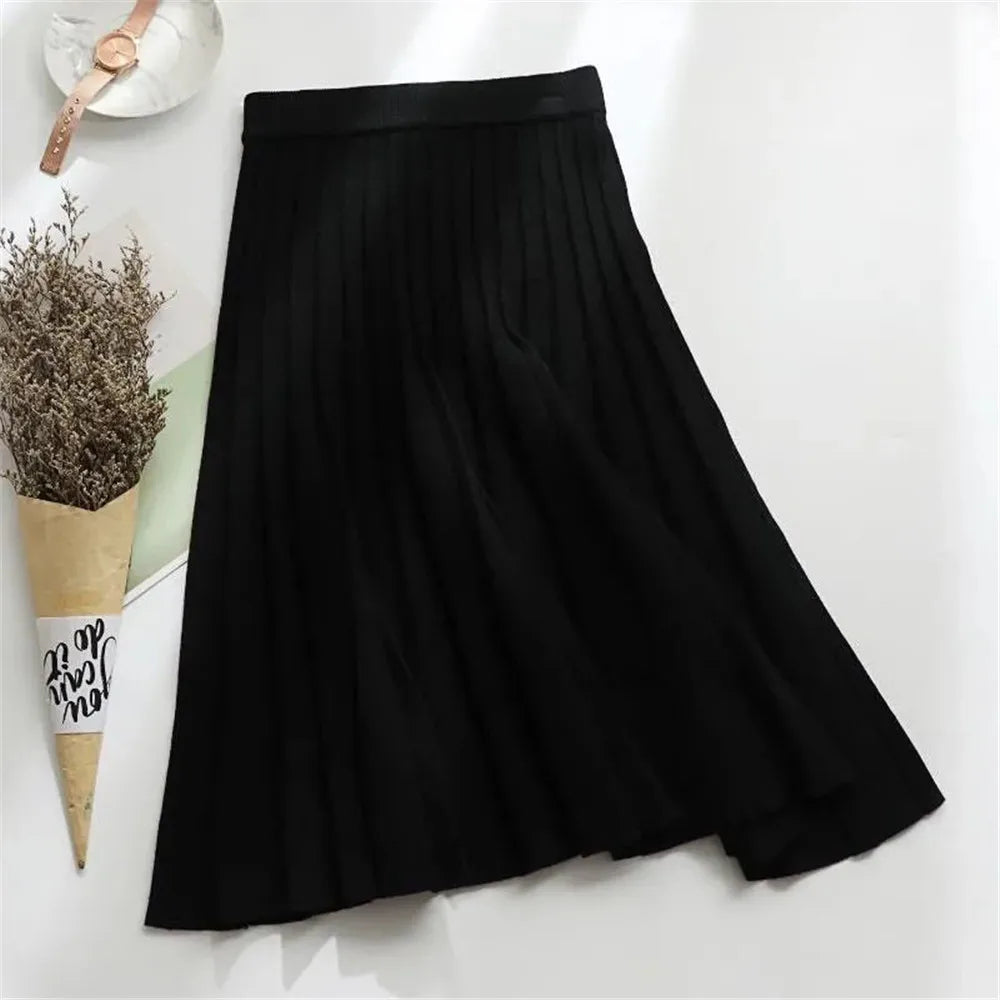 Women Knitted Midi Skirt Elegant Black A-Line High Waist Pleated Long Skirt Korean 2021 Spring Autumn Winter Faldas Femme Jupes