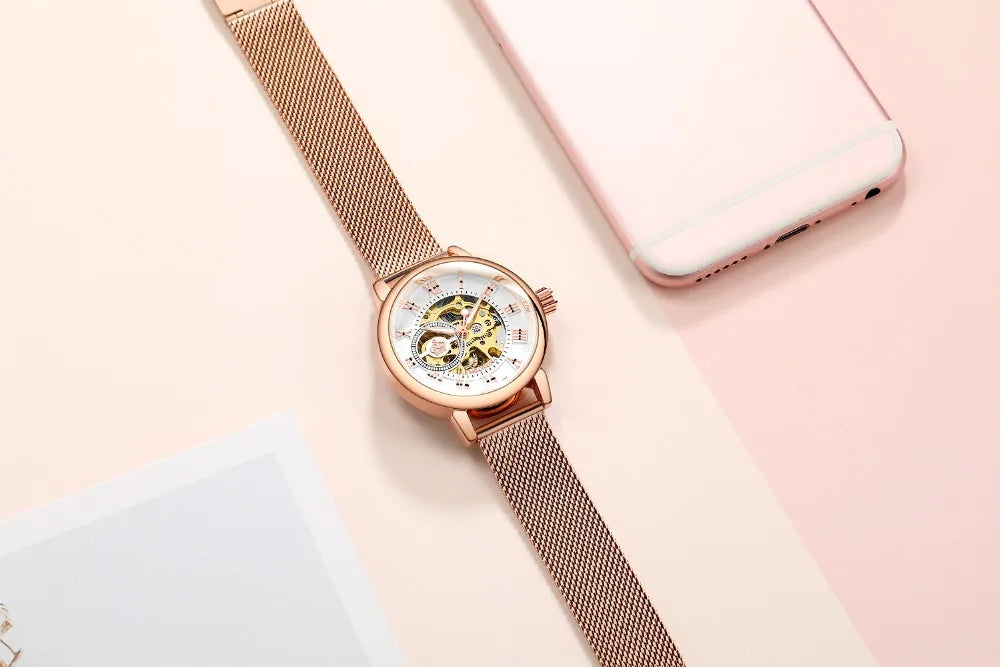 New Fashion Luxury Brand Skeleton Women Mechanical Watches Female Clock Automatic Self-Wind Wristwatches for Ladies Montre Femme