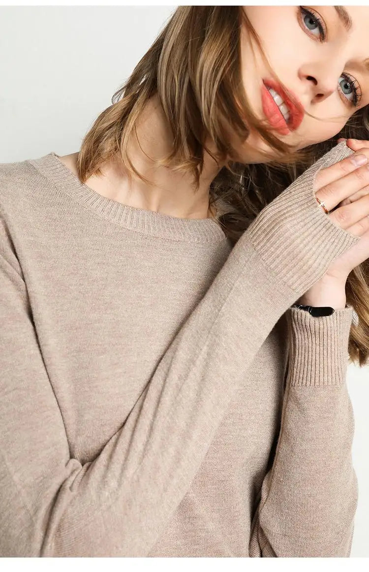 Women Merino Wool Sweater O-Neck Pullover Spring Autumn Long Sleeve Knitwear Slim Solid Color Fashion Bottoming Clothing Tops