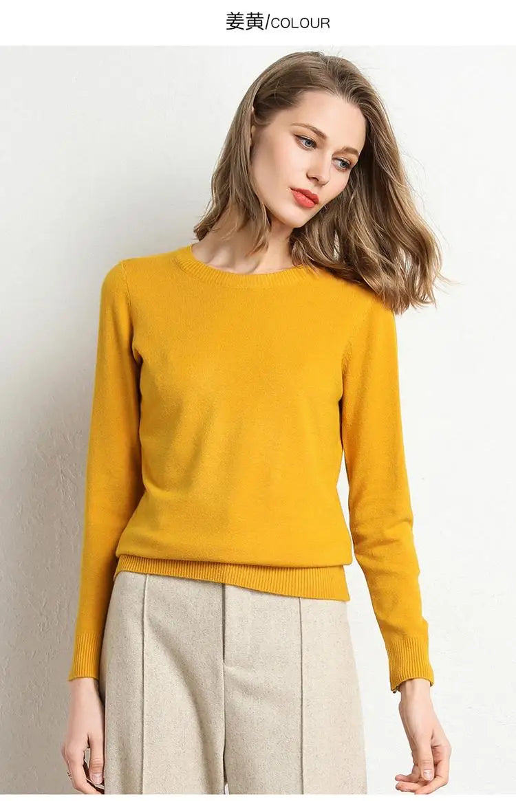 Women Merino Wool Sweater O-Neck Pullover Spring Autumn Long Sleeve Knitwear Slim Solid Color Fashion Bottoming Clothing Tops