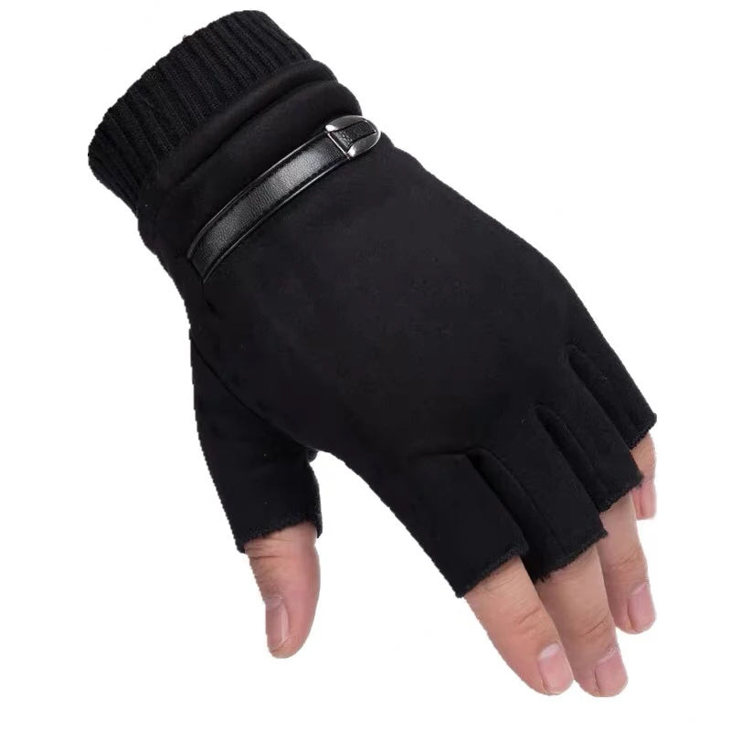 Man Women Winter Keep Warm Plus Velvet Thicken Thin Outdoor Sports Climb Cycling Drive Fitness Half Finger Tactical Gloves Suede