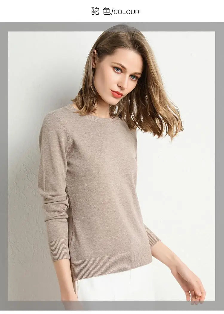 Women Merino Wool Sweater O-Neck Pullover Spring Autumn Long Sleeve Knitwear Slim Solid Color Fashion Bottoming Clothing Tops