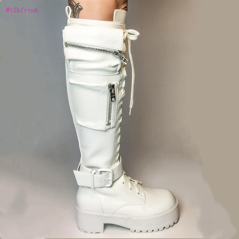 Y2K Grunge Boots Punk Goth Motorcycle Boots Platform Chunky Heel Wedge Lace Up Thick Bottom Winter Shoes Egirl Knee High Lolita