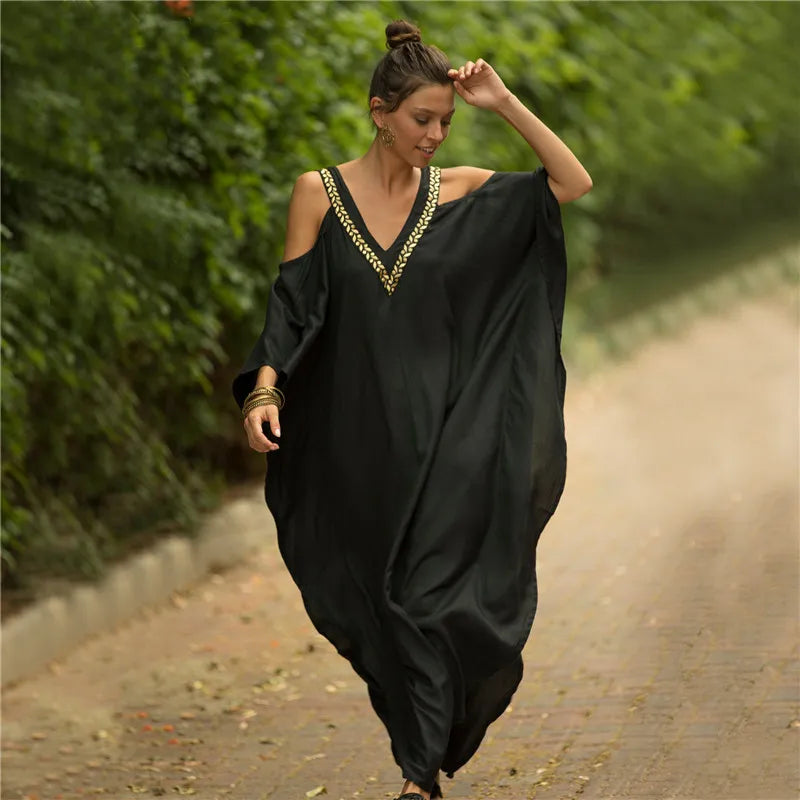 2023 Elegant Gold Embroidered Loose Kaftan House Robe Retro V-neck White Dress Women Summer Beach Wear Swim Maxi Dresses N1373