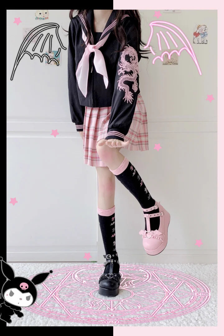 Platform Lolita Kawaii Pu Shoes Bowknot Demon Dark Goth Punk Devilian Little Bat Style Loli Cosplay High Heel 5.5cm