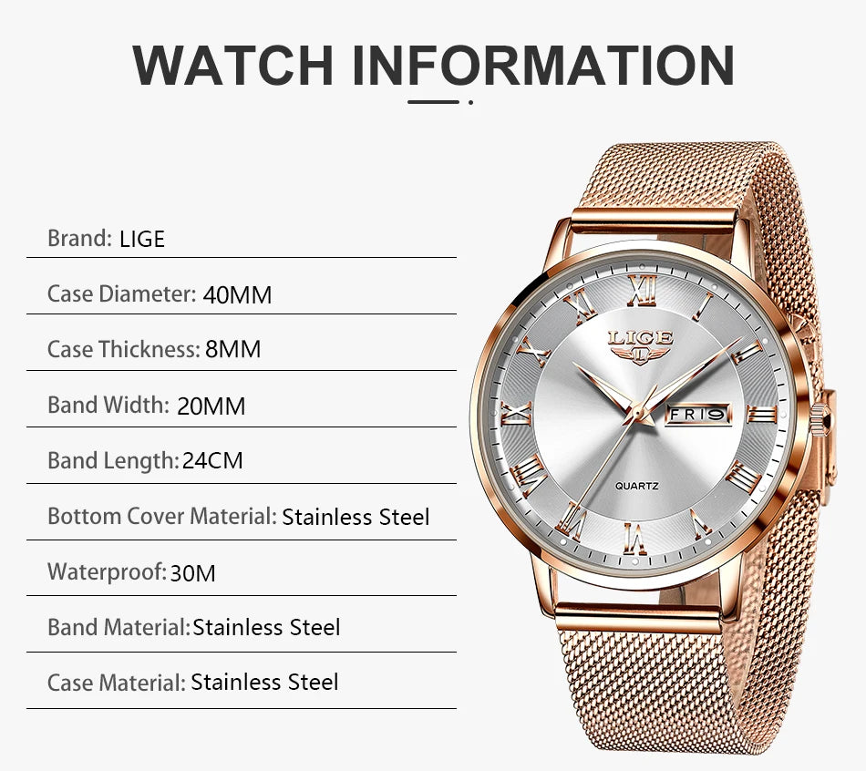 LIGE Fashion Elegant Quartz Women's Watch Bracelet Casual Business Clock Movement Simple Waterproof Mesh Belt Ladies Watches NEW