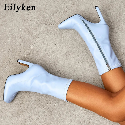 Eilyken Size 35-42 Women Square Head Ankle Boots Fashion High Heels Autumn Winter Shoes Zipper Office Lady Blue Botas De Mujer