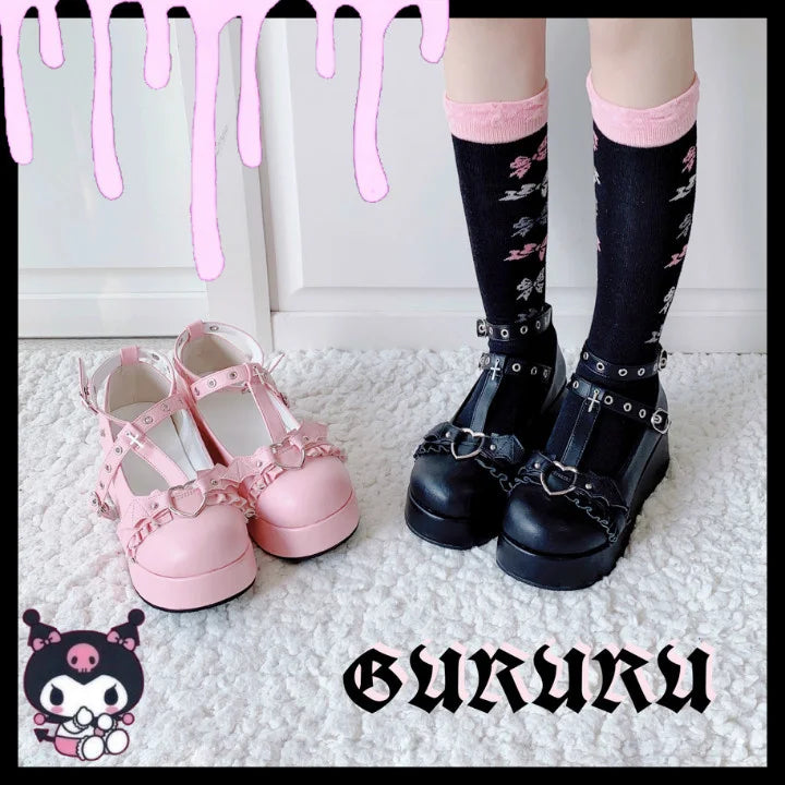 Platform Lolita Kawaii Pu Shoes Bowknot Demon Dark Goth Punk Devilian Little Bat Style Loli Cosplay High Heel 5.5cm