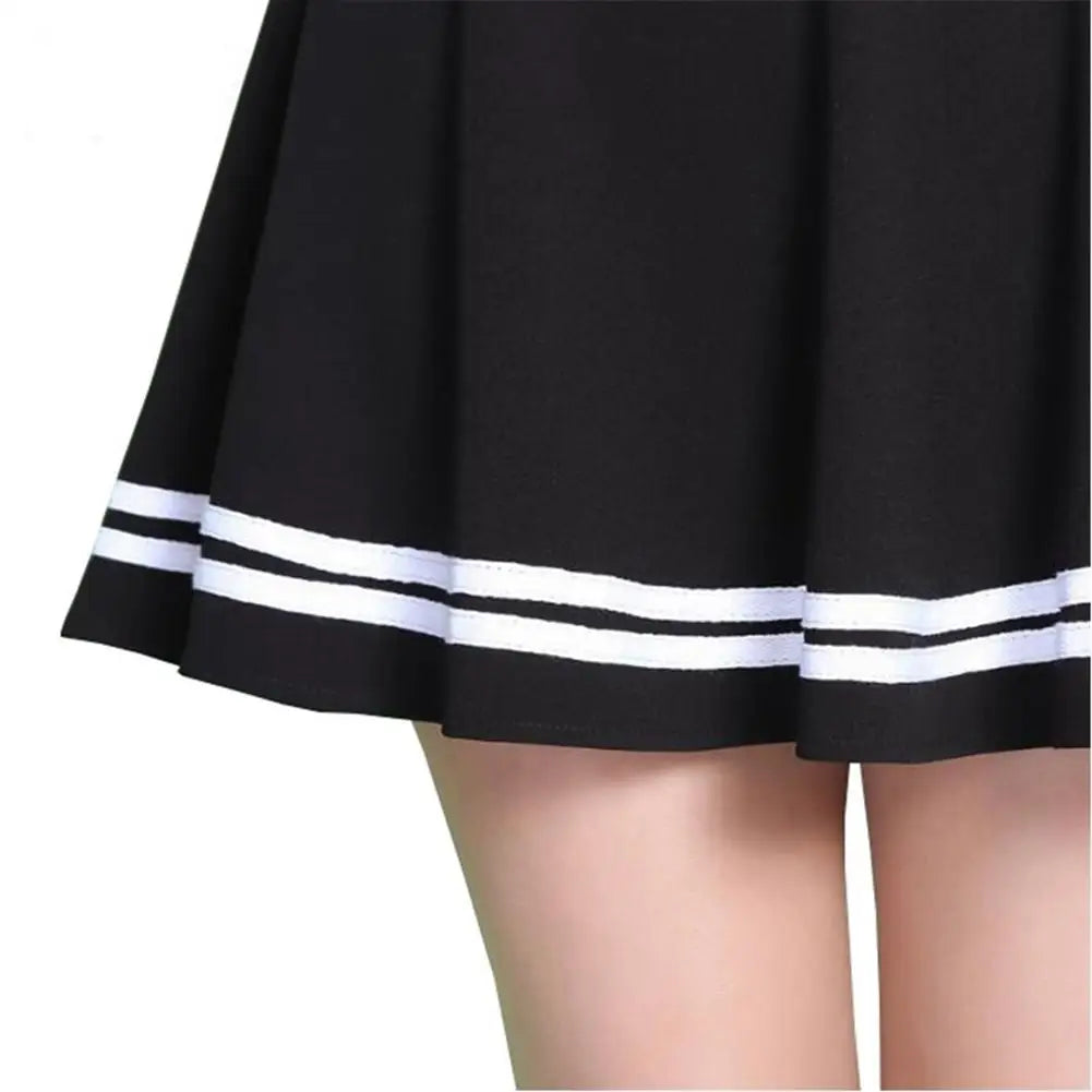 Women Skirt Solid Color High Waist Stripe Midi Pleated Skirts Girls Black White A Line Mini School Skirt Uniform Large Size