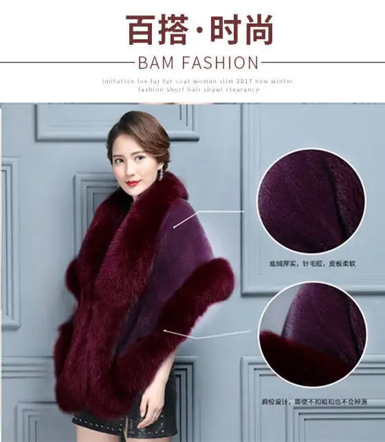 Winter Ladies' Genuine Knitted Mink Fur Shawls Fox Fur Collar Women Fur Pashmina Wraps Bridal Cape Coat Jacket