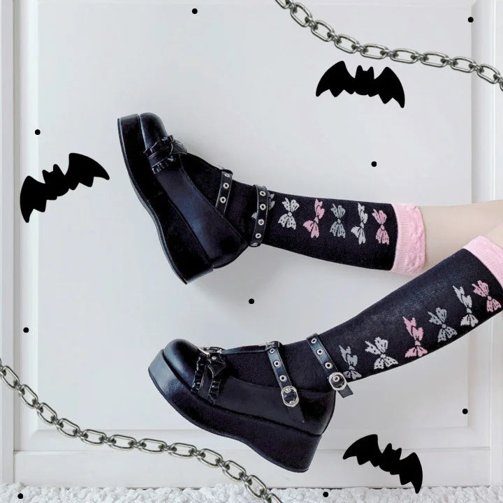 Platform Lolita Kawaii Pu Shoes Bowknot Demon Dark Goth Punk Devilian Little Bat Style Loli Cosplay High Heel 5.5cm