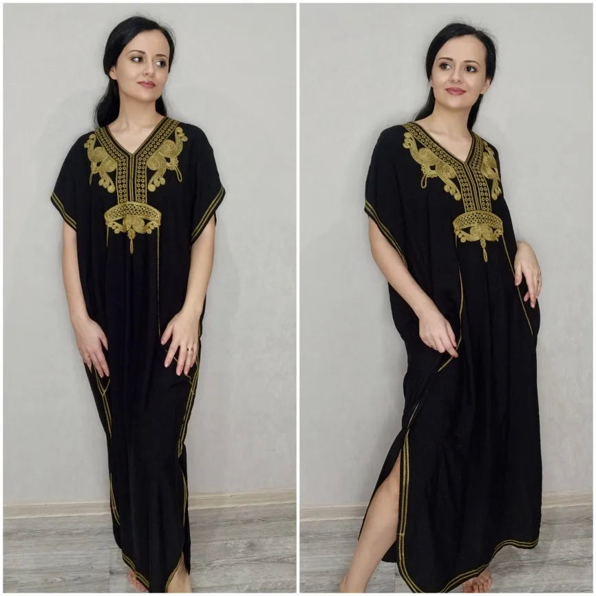 2023 Elegant Gold Embroidered Loose Kaftan House Robe Retro V-neck White Dress Women Summer Beach Wear Swim Maxi Dresses N1373