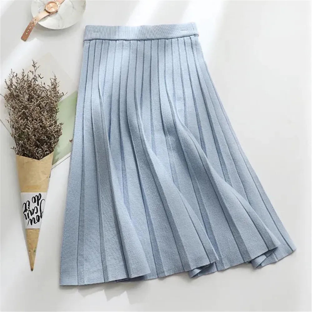 Women Knitted Midi Skirt Elegant Black A-Line High Waist Pleated Long Skirt Korean 2021 Spring Autumn Winter Faldas Femme Jupes