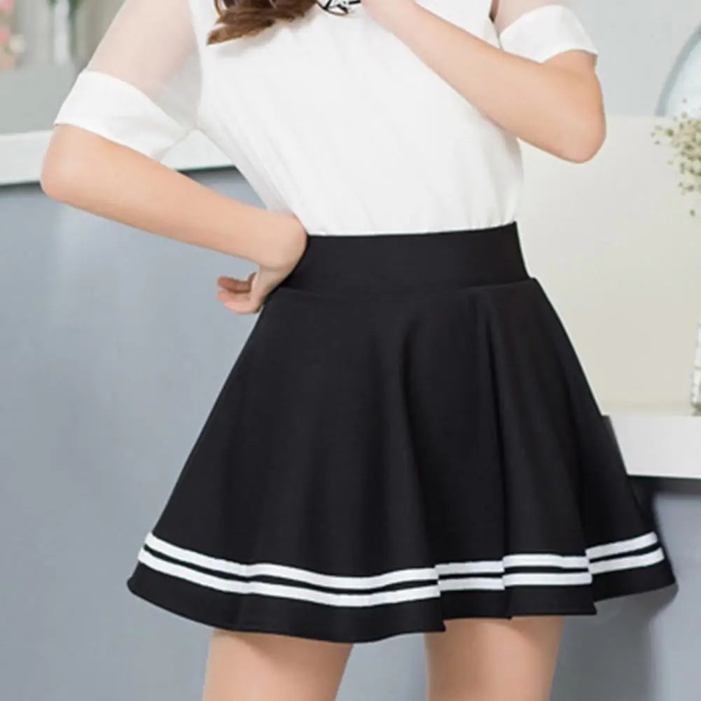 Women Skirt Solid Color High Waist Stripe Midi Pleated Skirts Girls Black White A Line Mini School Skirt Uniform Large Size