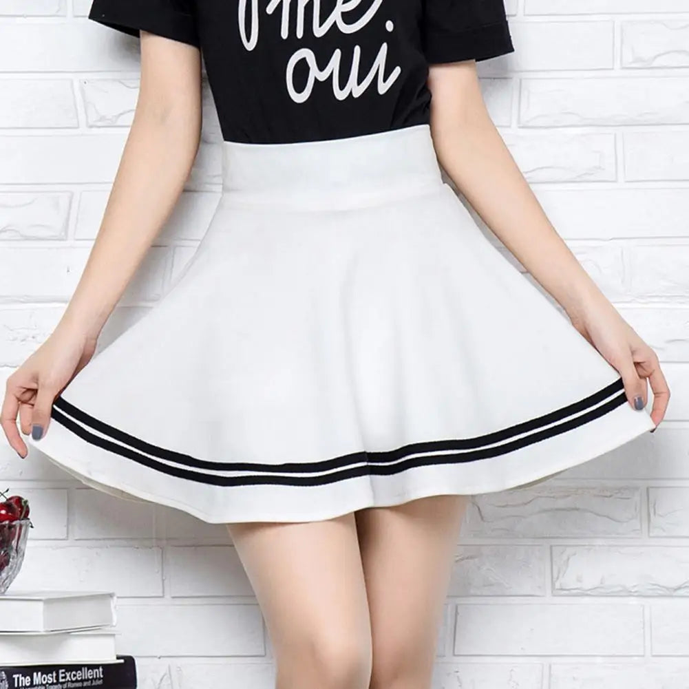 Women Skirt Solid Color High Waist Stripe Midi Pleated Skirts Girls Black White A Line Mini School Skirt Uniform Large Size