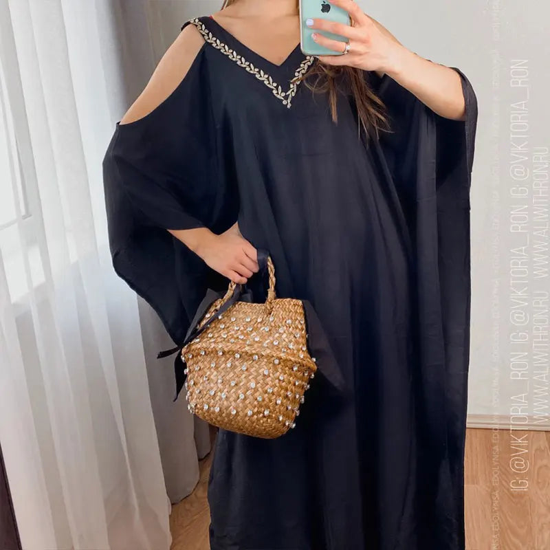 2023 Elegant Gold Embroidered Loose Kaftan House Robe Retro V-neck White Dress Women Summer Beach Wear Swim Maxi Dresses N1373