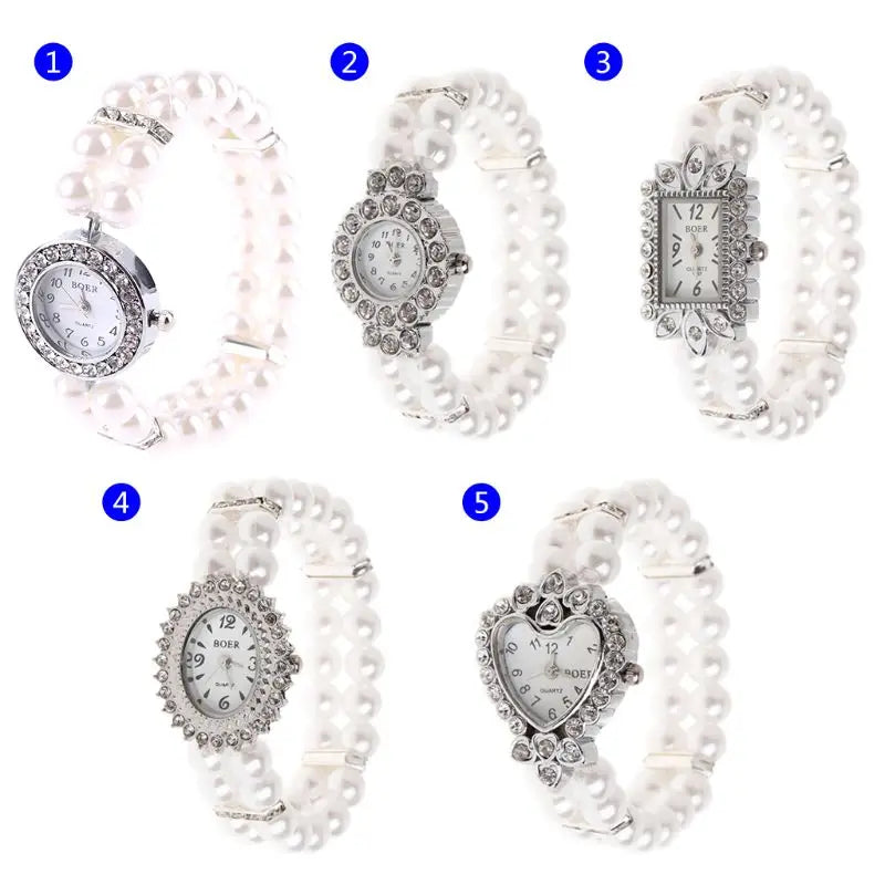 Women Watch Simulated Pearl Rhinestone Luxury Fashion Elegant Wrist Band Bracelet Jewelry Gifts Lady Elastic Universal Charms