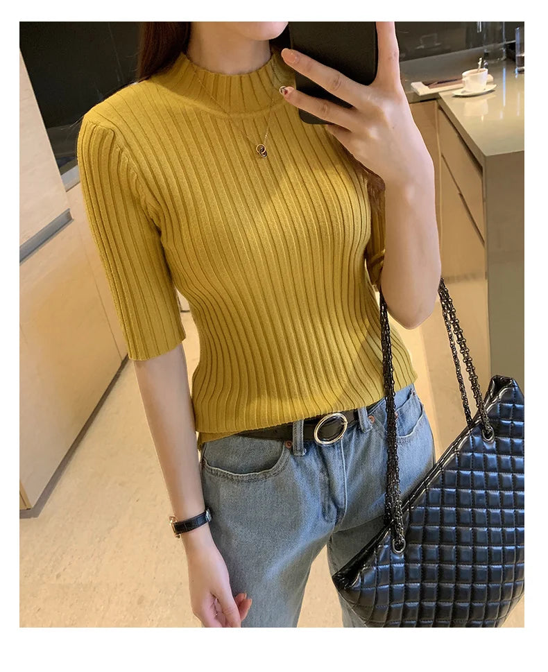 Casual Knitted Tee Shirt Elegant Short Sleeve Tops Fashion Basic Woman T-shirt Femme Elasticity Poleras De Mujer Camisetas 13466