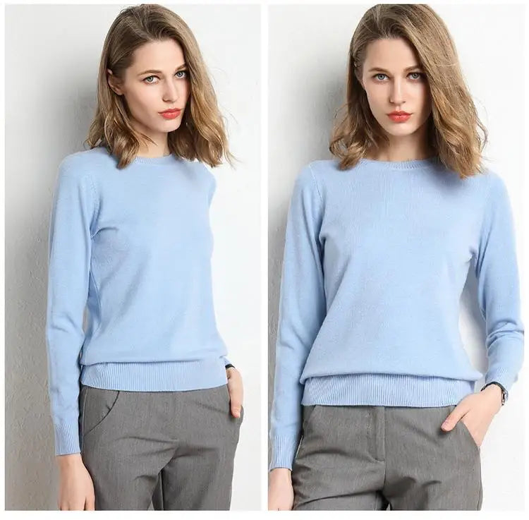 Women Merino Wool Sweater O-Neck Pullover Spring Autumn Long Sleeve Knitwear Slim Solid Color Fashion Bottoming Clothing Tops